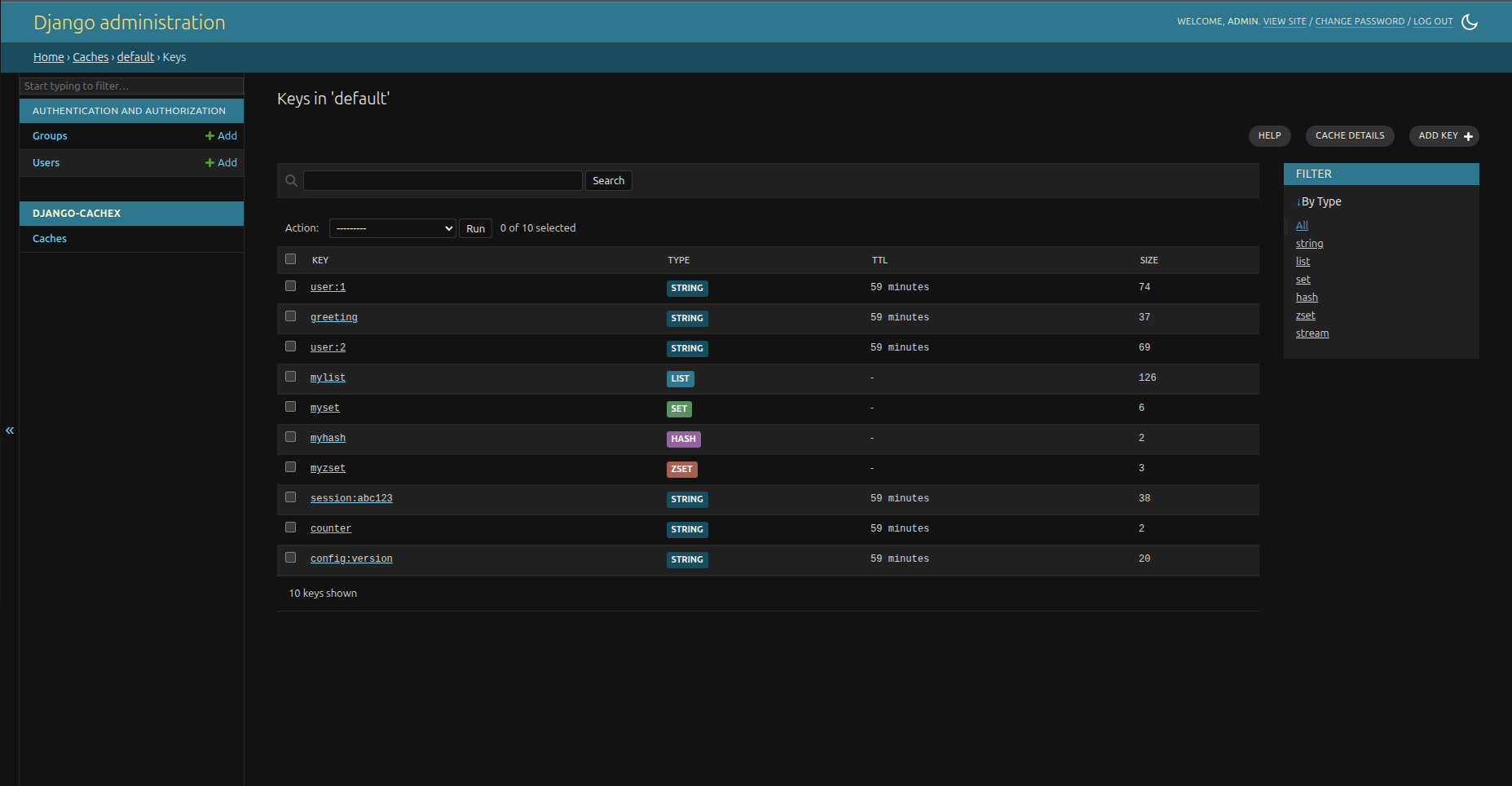 The key browser with a wildcard search