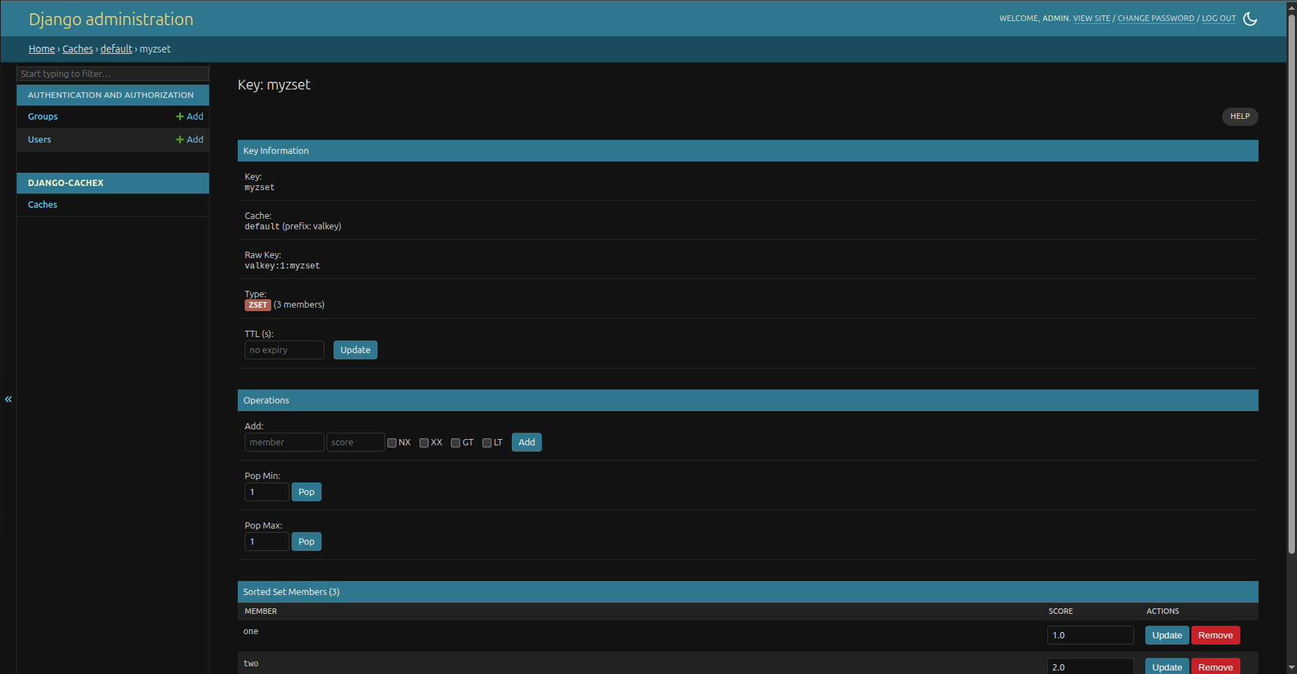 The key detail page editing a value and its TTL